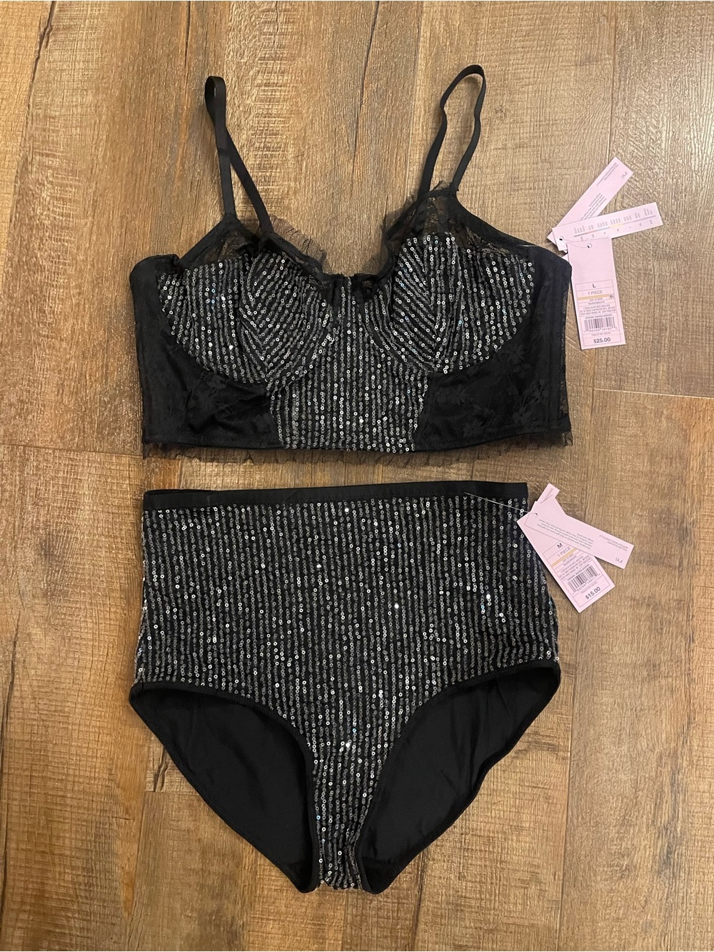 wild fable Black Sequin Bustier Bra & High-Waist Brief Set